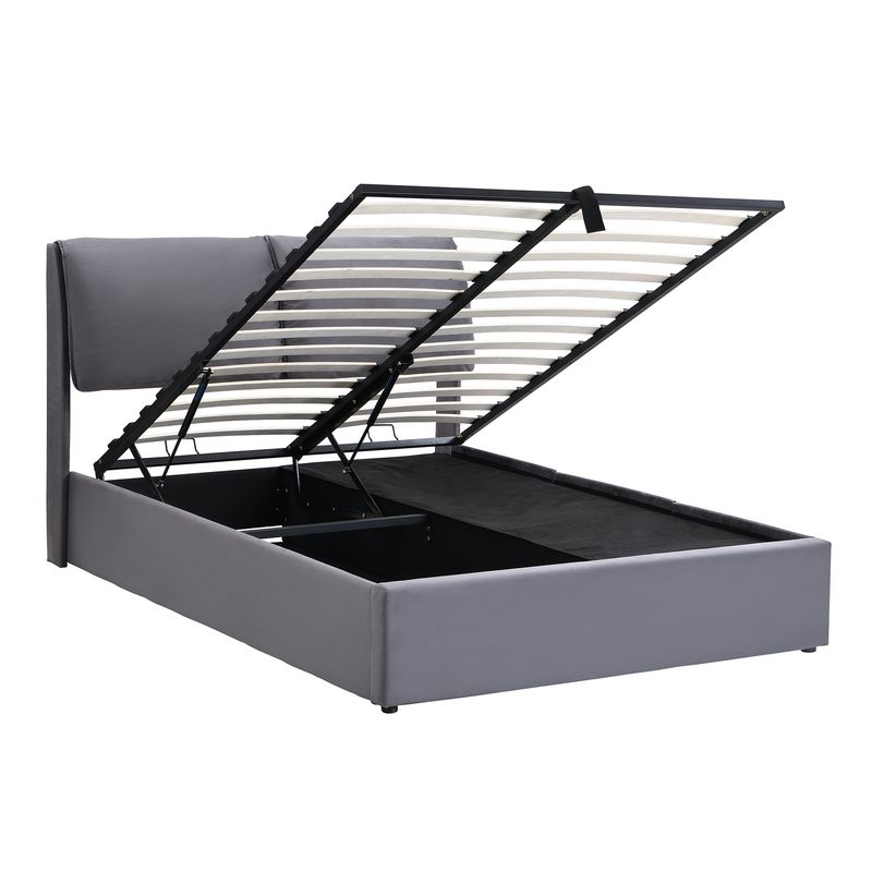 Cadre de lit coffre hydraulique rembourré en velours avec 3 tiroirs, sommier à lattes, tête de lit, 140 x 200 cm, gris, matelas non inclus_voghion.com