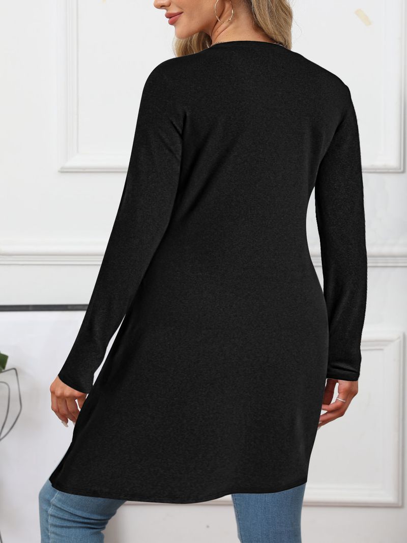 "Women's Elegant Split Hem Long Sleeve Dress - Solid Color Round Neck Tunic Dress For Casual & Office Wear (S-XXL, Black/Gray)"_voghion.com