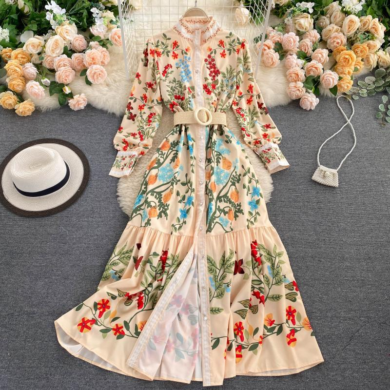 Abito da donna in stile palazzo retrò con cravatta in vita, girocollo, maniche lunghe, volant, gonna a trapezio in stile fata western_voghion.com