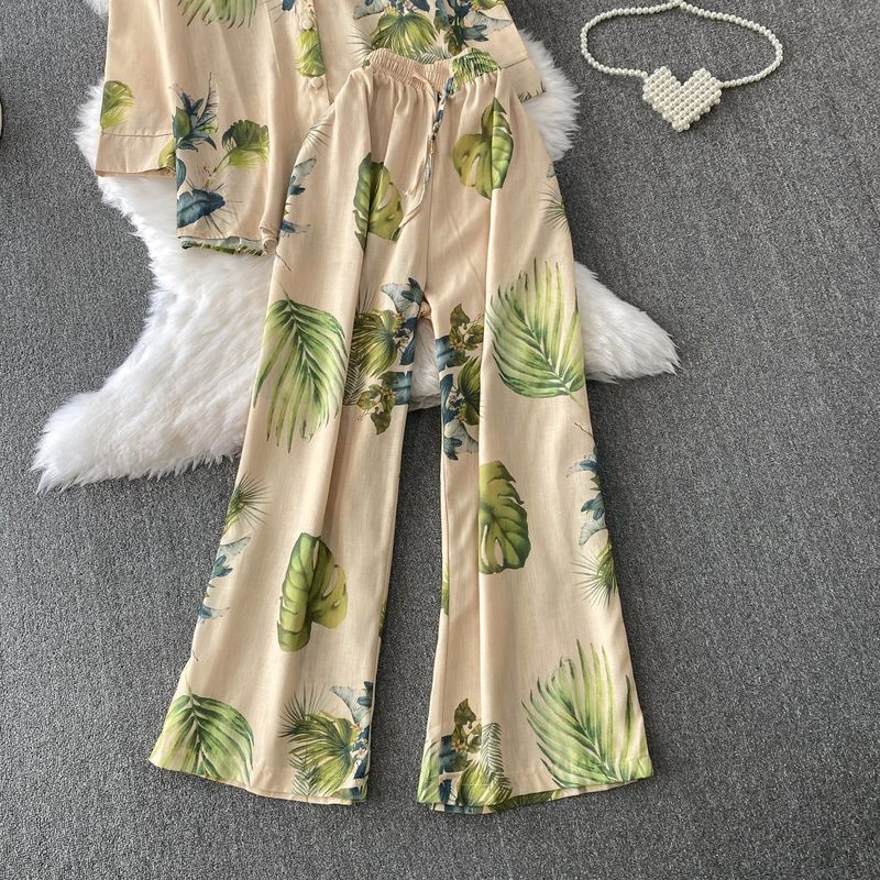 Damenbekleidung Retro Einreihiger Stehkragen Langarmhemd Design Bedruckte Jacke Zweiteiliger Anzug Hohe Taille Schlanke Hose mit weitem Bein_voghion.com