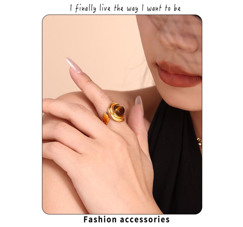 Vintage natural tiger's eye stone C-shaped earrings open ring women's set_voghion.com