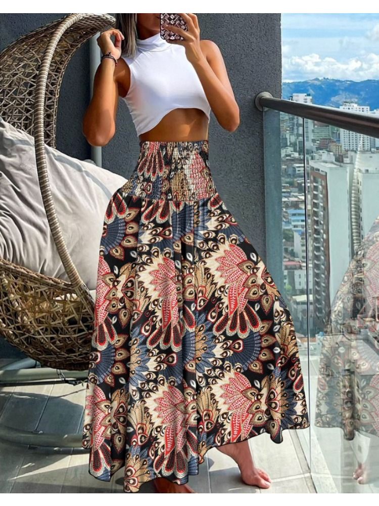 Jupe longue à imprimé floral pour femme, style bohème, taille haute, élastique, longueur aux genoux_voghion.com