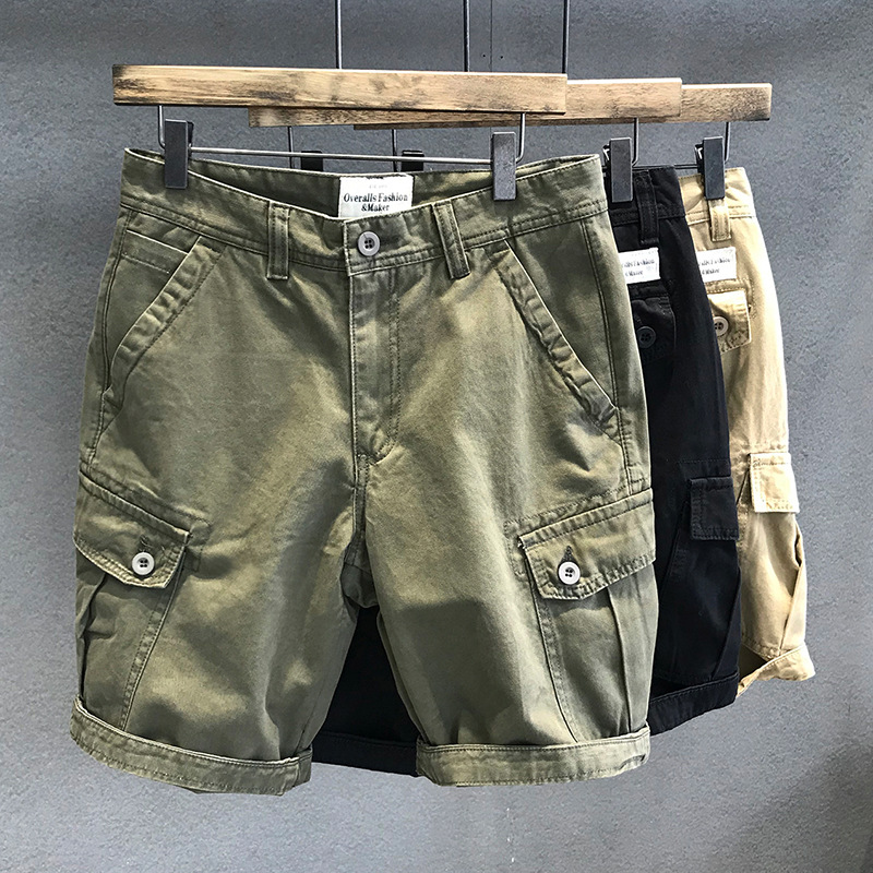 Hohe Fadendichte gewaschener Stoff Militärgrün Multi Pocket Loose Straight Casual Shorts Herrenmode_voghion.com