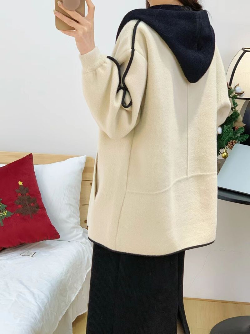 Damenbekleidung zweiteiliger Wollmantel mit Kapuze für Damen Herbst 2024 neuer gestrickter Spleißdesign-doppelseitiger Wollmantel_voghion.com