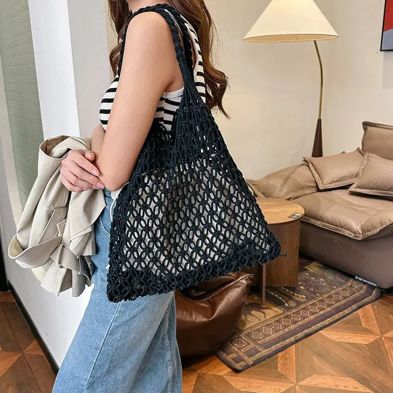 Borse all'uncinetto alla moda per le donne, borsa da spiaggia estiva, borsa a mano in rafia, borsa in paglia estetica, bohémien, intrecciata a maglia, a tracolla_voghion.com