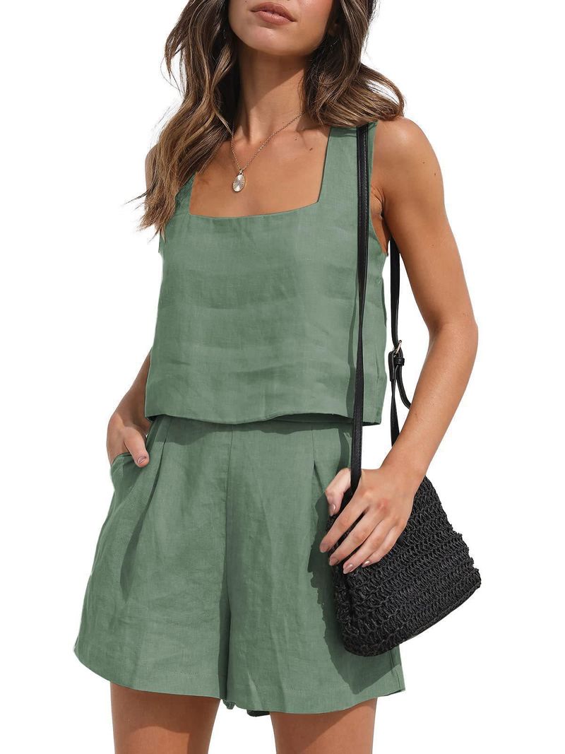 Nuovo set casual da donna 2024, composto da 2 pezzi, pantaloncini in lino, canotta senza maniche_voghion.com