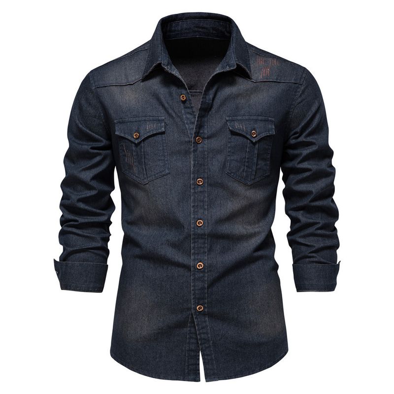 Jeanshemd für Herren – Klassische Langarm-Arbeitskleidung aus Baumwoll-Chambray, sandgewaschen und vorgeschrumpft (15 Farben von Mitternachtsschwarz bis Vintage-Blau)_voghion.com