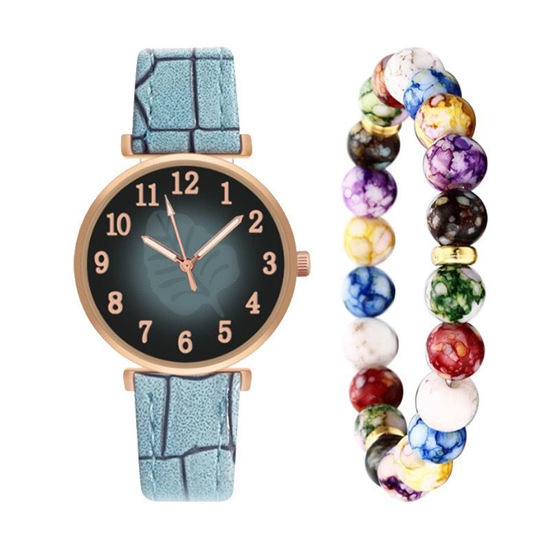 Women's Watches Fashion Digital Face Leather Quartz Watch Women Popular Simple Casual Leaf Pattern Wrist Watch + Bracelet Set_voghion.com
