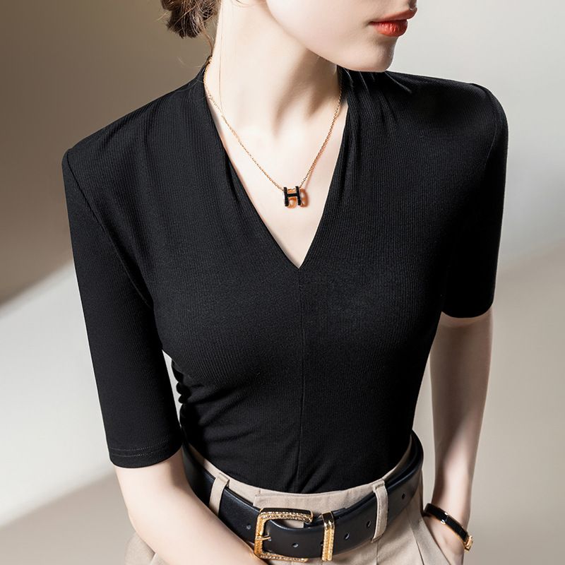 Maglietta da donna a maniche lunghe, a coste, tinta unita, stile europeo, elegante, con scollo a V profondo, modello 2025, con vita stretta_voghion.com