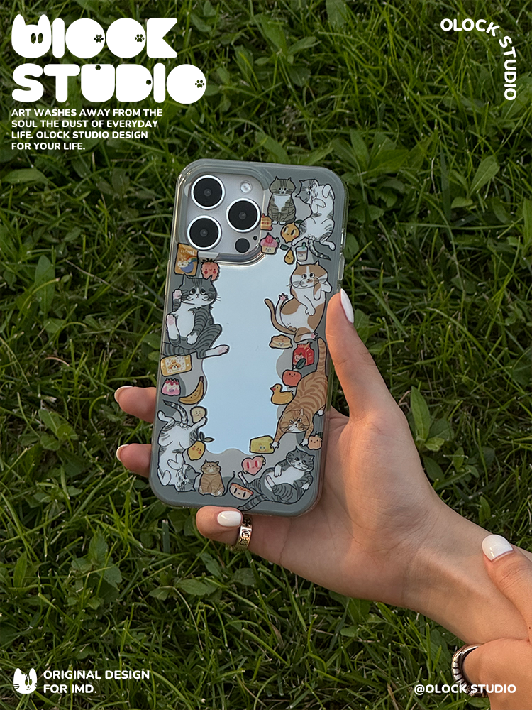 Custodia per cellulare Olock Studio Cat Mirror di qualità imbattibile, design originale di classe, stampa IMD a doppio strato, realizzata a mano, per iPhone._voghion.com
