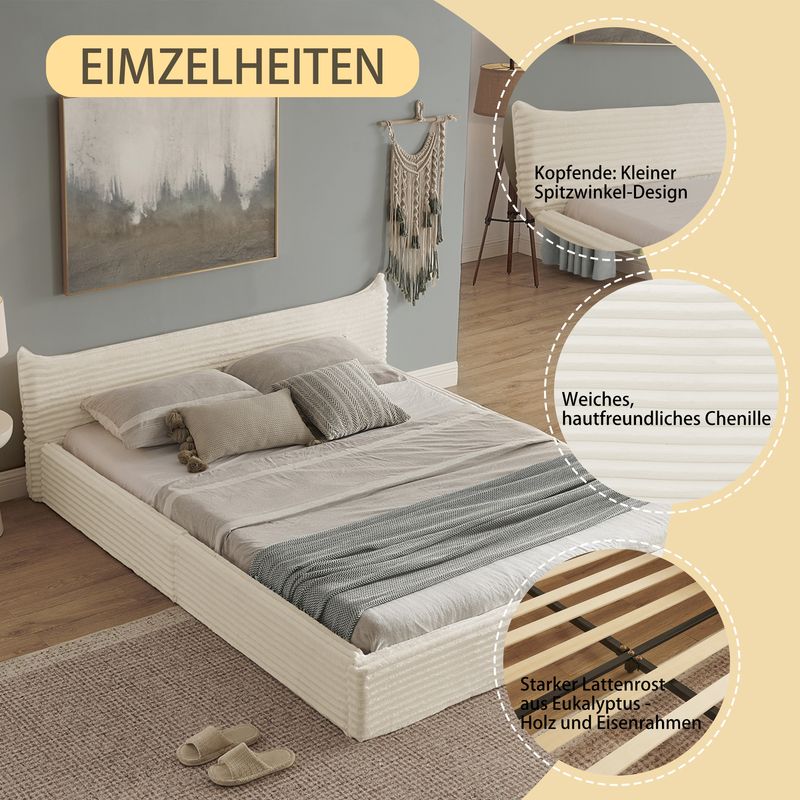 Doppelbett 140x200cm, Samt-Chenille-Bezug, Eukalyptusholz, Beige_voghion.com