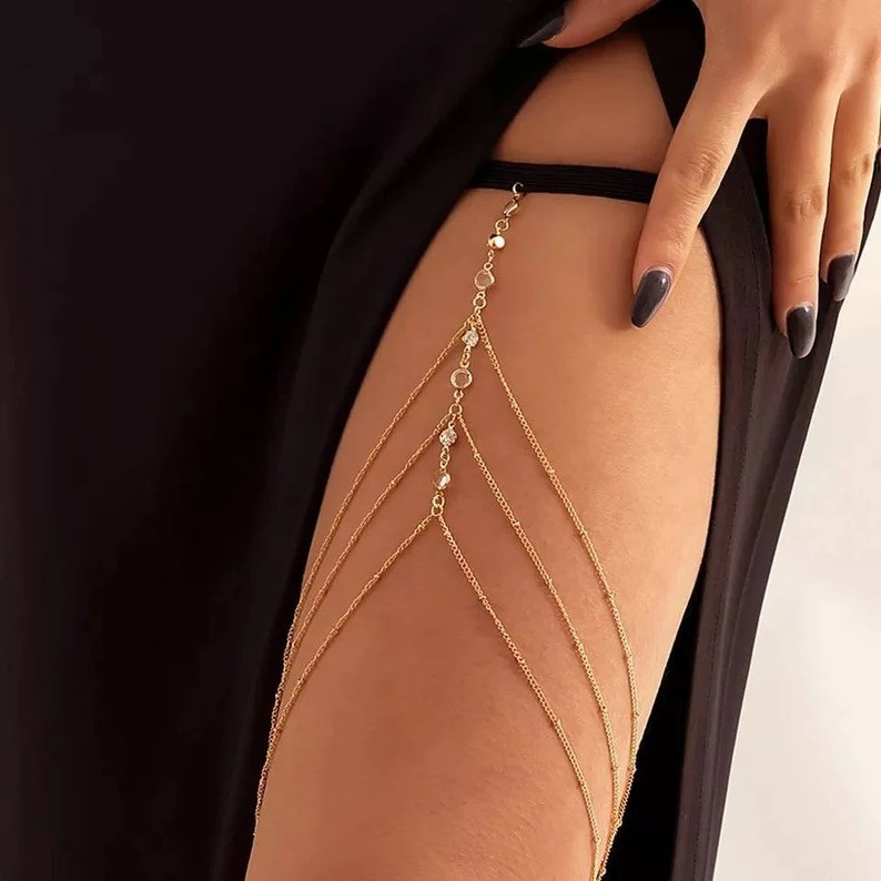 Chaîne de corps multi-chaînes dorée pour femme, accessoire sexy pour les cuisses, avec perles multicouches_voghion.com