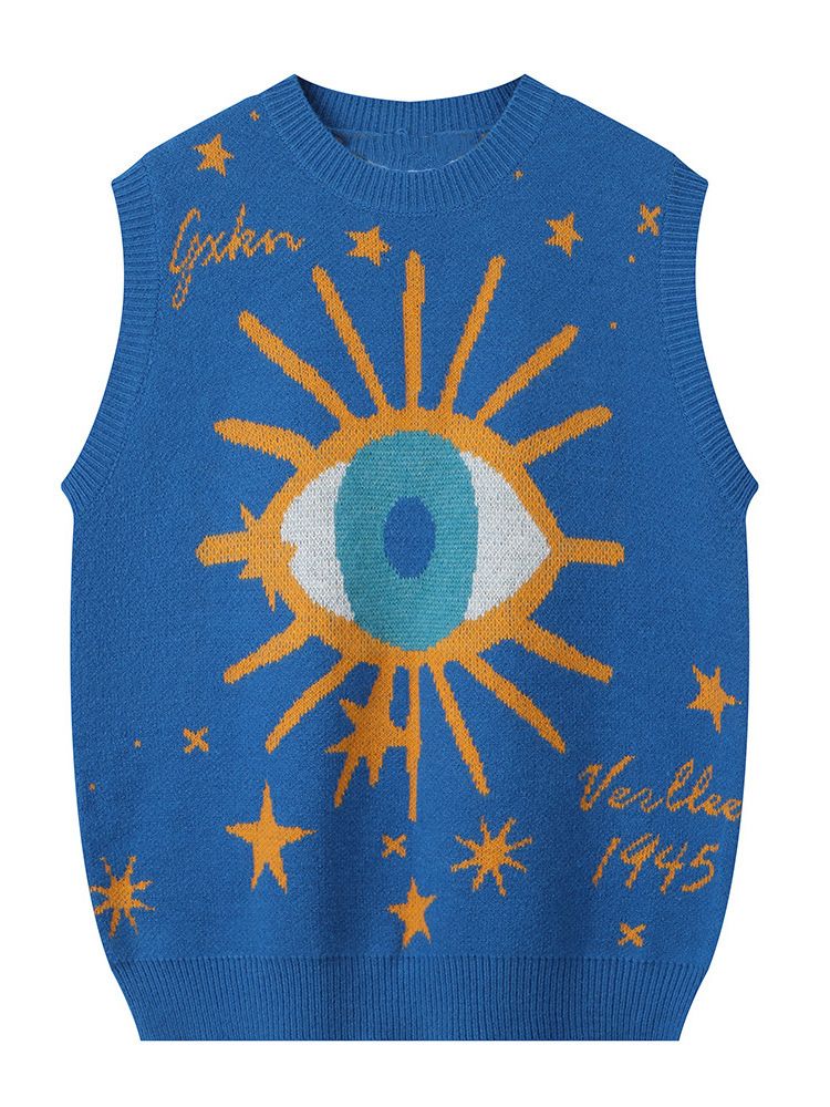Unisex Harajuku Eye Jacquard Sweater Vest – Oversized Streetwear Stricktop (Blau/Lila, Größen M-XL)_voghion.com