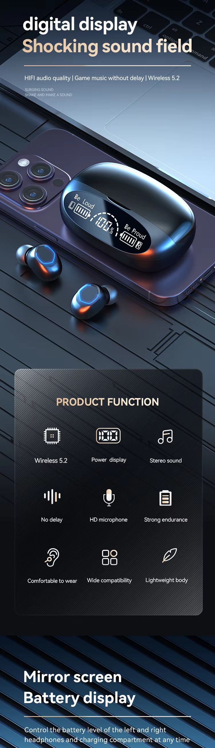 M22 Wireless Earphones TWS Noise Cancelling Bluetooth Earphones Stereo Display Sports Earphones With Microphone_voghion.com
