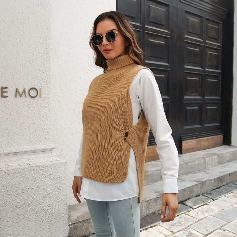 Pull deux pièces boutonné à col roulé pour femme, gilet, pull_voghion.com