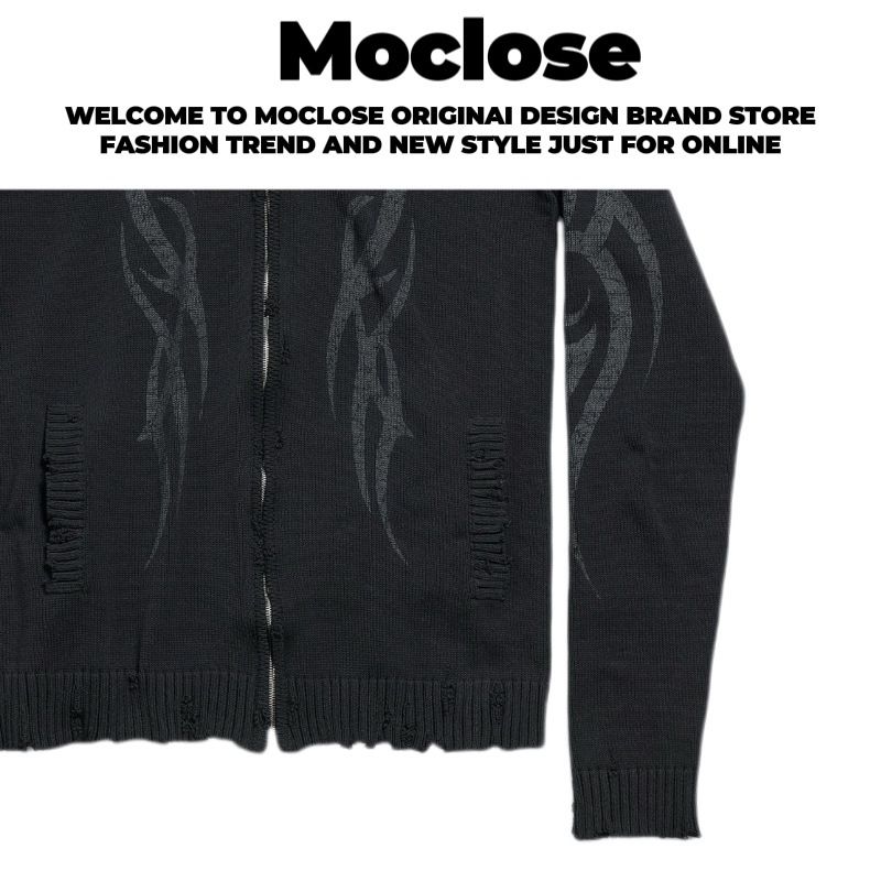 Moclose Automne Hiver Thorn Totem Vintage Délavé Chaud Unisexe Fermeture Éclair Col Montant Pull en Laine_voghion.com