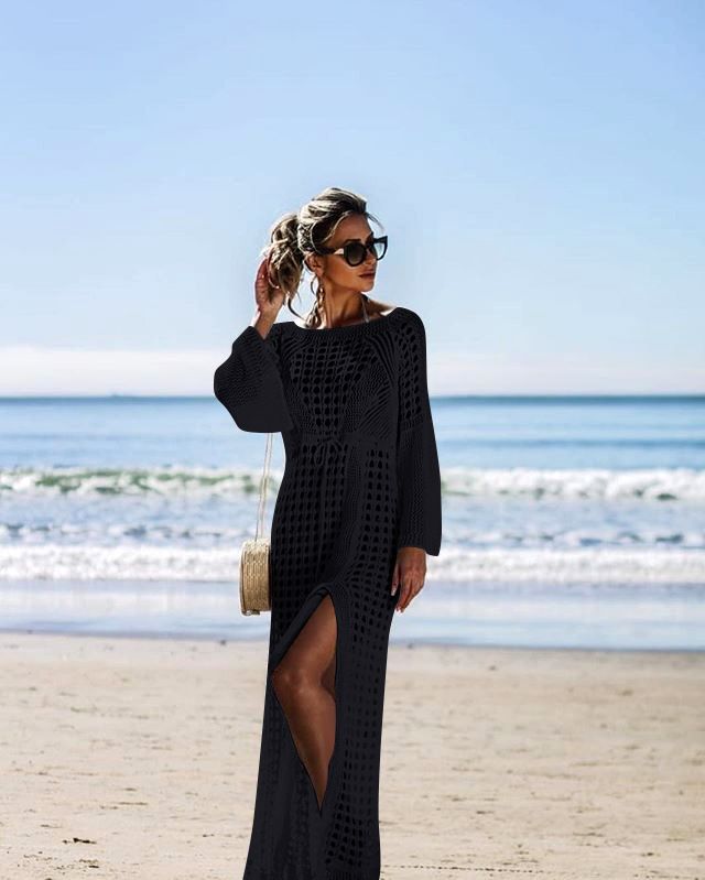 Abbigliamento da donna, sexy, in maglia cava, da spiaggia, sexy, in pizzo, in maglia, da spiaggia, abito a maniche lunghe, con spacchi laterali, costume da bagno, copricostume trasparente per donna_voghion.com