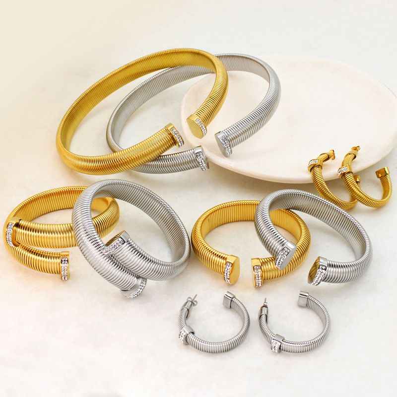 Wemen's Jewelry Titanium Steel Zircon Necklace Earrings Open Bracelet Collar Set_voghion.com