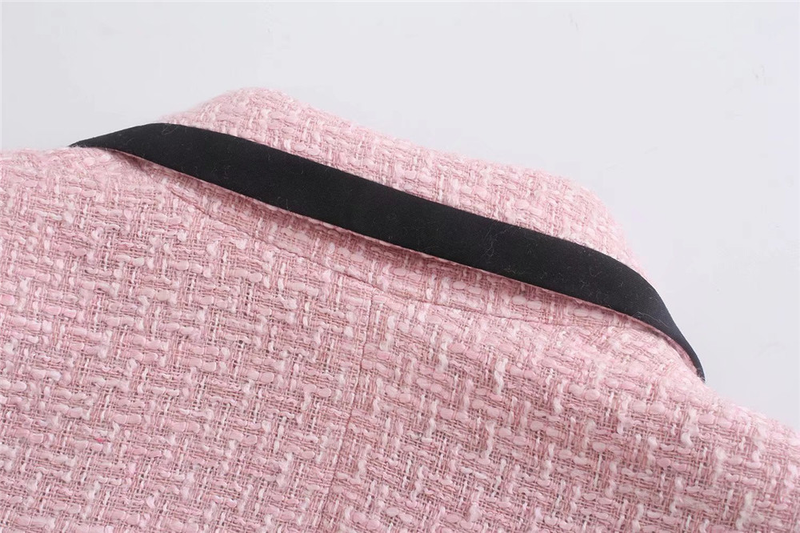 T MODA Dámské elegantní růžové texturované dvouřadé tvídové sako s dlouhým rukávem a kapsami, kabáty, dámská móda, streetwear topy_voghion.com