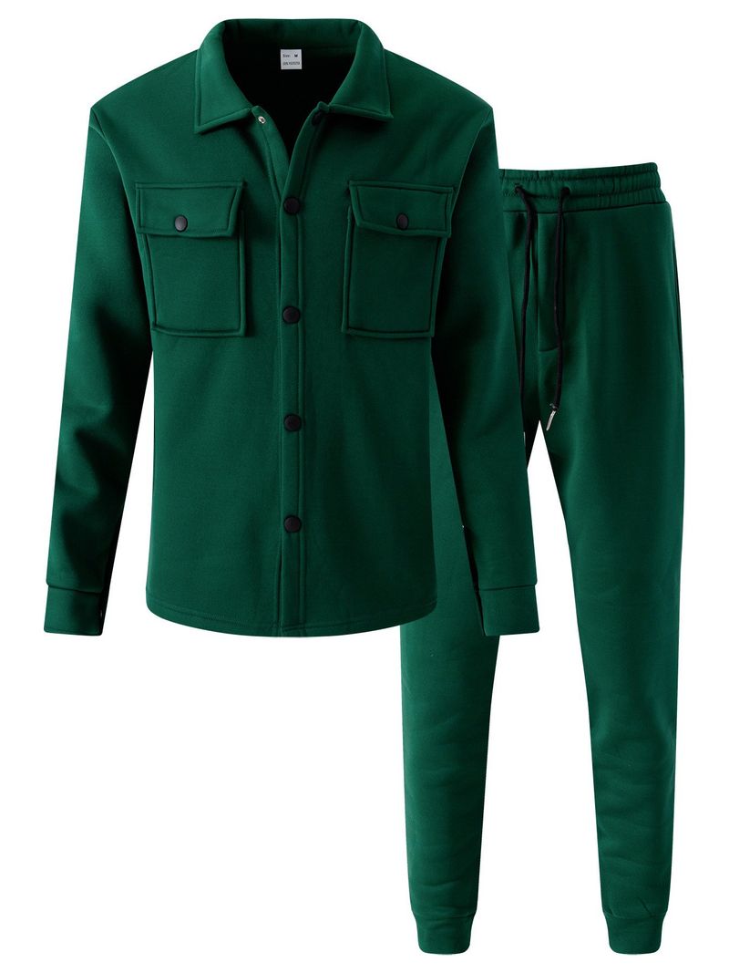 Herren-Set aus gebürsteter Fleecejacke und -hose – Einreihiger Winteranzug (S-XXXL, Schwarz/Grau/Armeegrün)_voghion.com