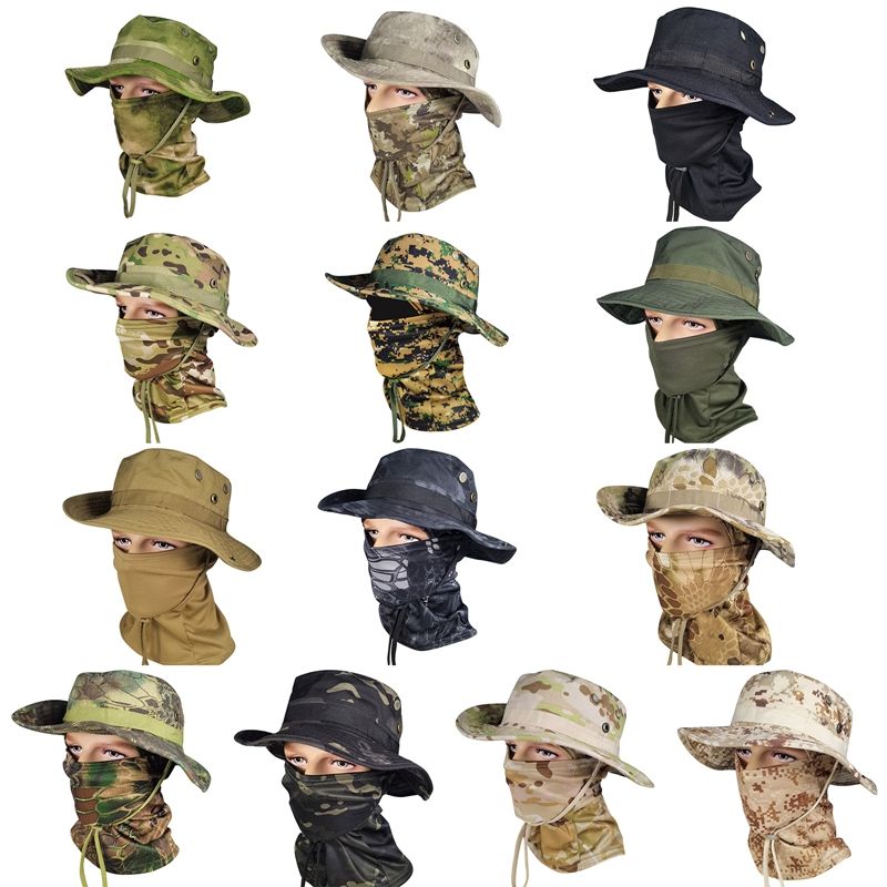 Karstā izpārdošana Tropu piedzīvojumu Vizieri Cepures Džungļu Medību Cepure Saulessargs Camo Cepures Vīriešu Armijas Kausa Cepures Militāri Taktiskais Kakla pārsegs_voghion.com