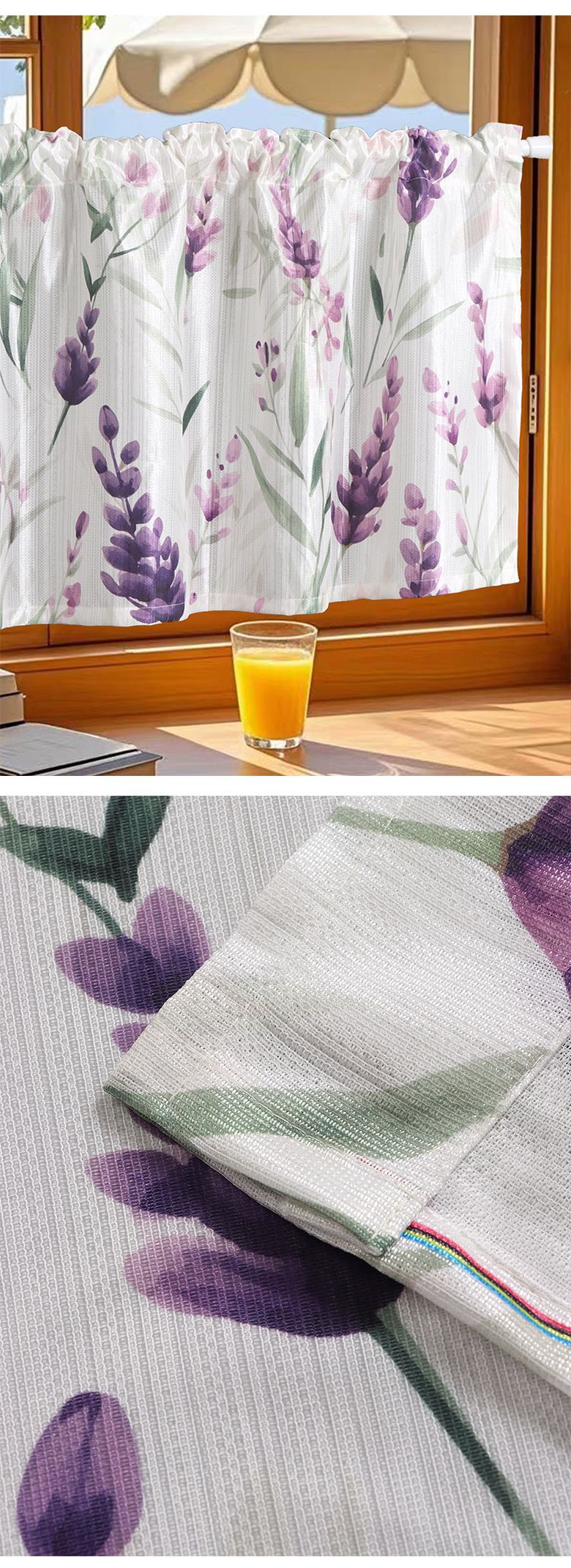 Polyestervorhang mit Lavendeldruck – Rustikaler Halbvorhang zum Binden für Fenster und Türen, 3 Größen (55"x24"/39"/63"), Stangentasche, Bauernhaus-Dekor_voghion.com