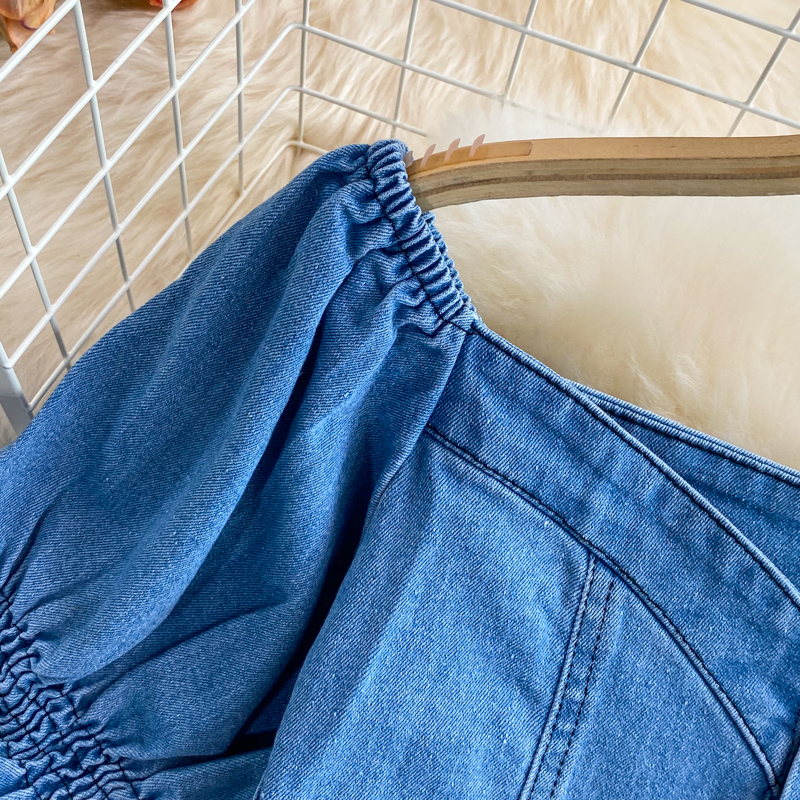 Højtaljet A-formet denimnederdel med mellemlang sideslids til kvinder, kort top med firkantet krave_voghion.com