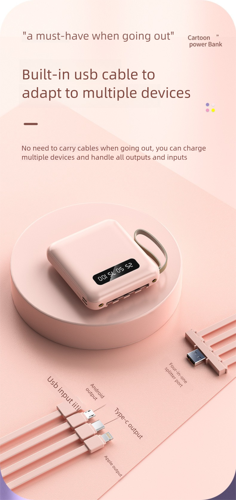 Built-in Cable Bank 20000mAh Large Capacity Compact Portable Gift Customizable Mobile Power Supply_voghion.com