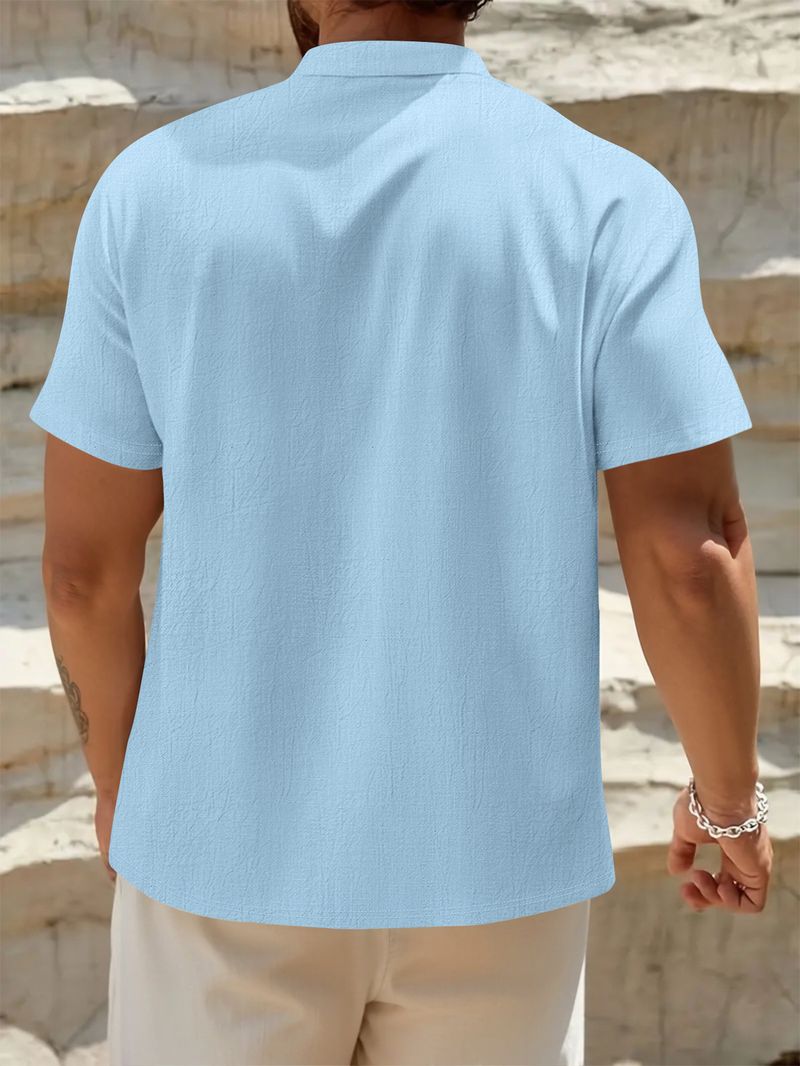 Camicia da uomo a maniche corte in lino e cotone – Collo alto traspirante, vestibilità comoda, casual (S-XXXL, blu navy/bianco/albicocca)_voghion.com