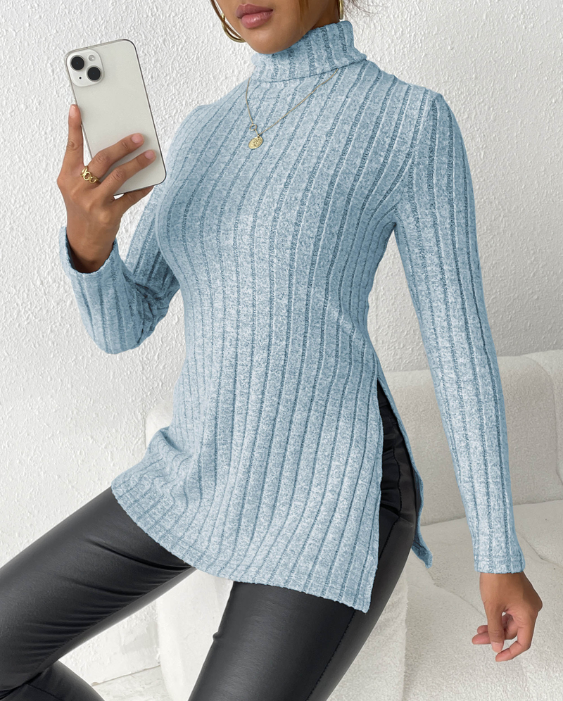 Women's turtleneck pullover slit slim-fit base pit striped medium length_voghion.com