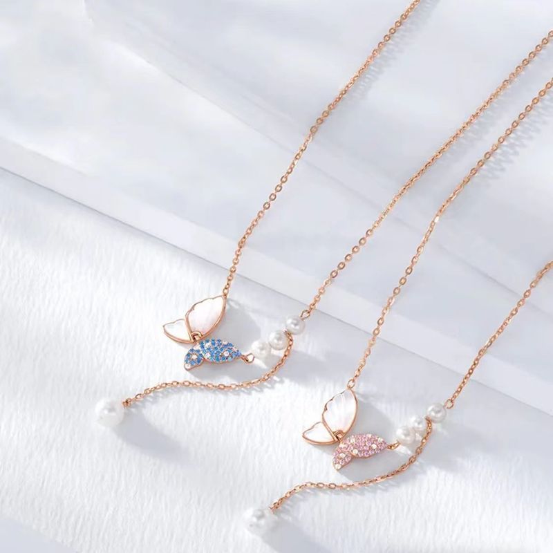 S sterling zilveren vlinder met fladderende vleugels ketting voor vrouwelijk niche-ontwerp, lichte luxe natuurlijke moeder schelp_voghion.com