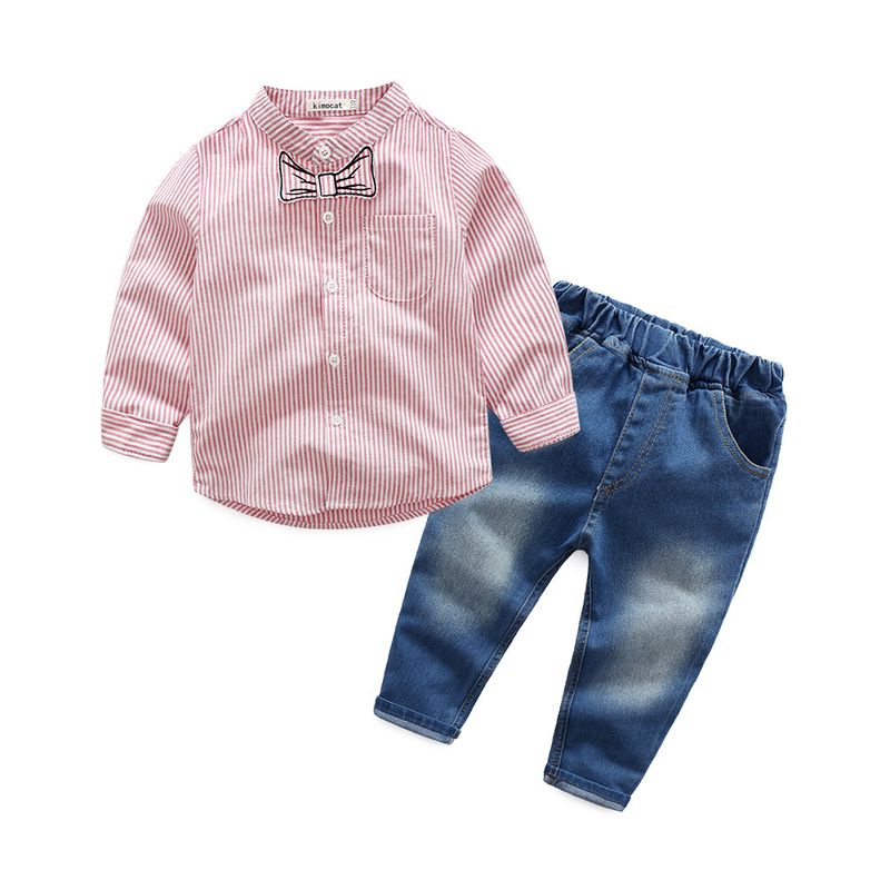 Abbigliamento per bambini Ragazzi Abito da gentiluomo Camicia a maniche lunghe a righe per bambini Jeans casual Set da due pezzi_voghion.com