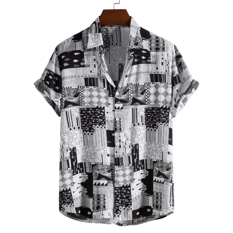 Camicia da spiaggia estiva stampata alla moda Camicia da uomo casual allentata a maniche corte con risvolto Camicia da uomo in cotone traspirante_voghion.com