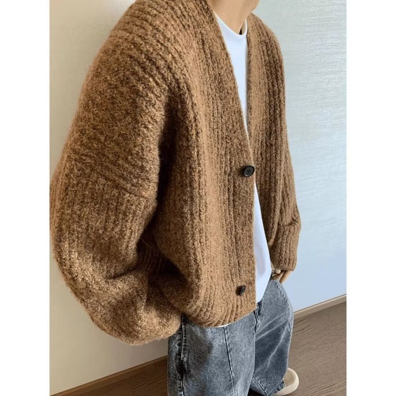 Men's Oversized Knit Cardigan – Japanese Minimalist Open Front Sweater (Brown/Blue, M-3XL)_voghion.com