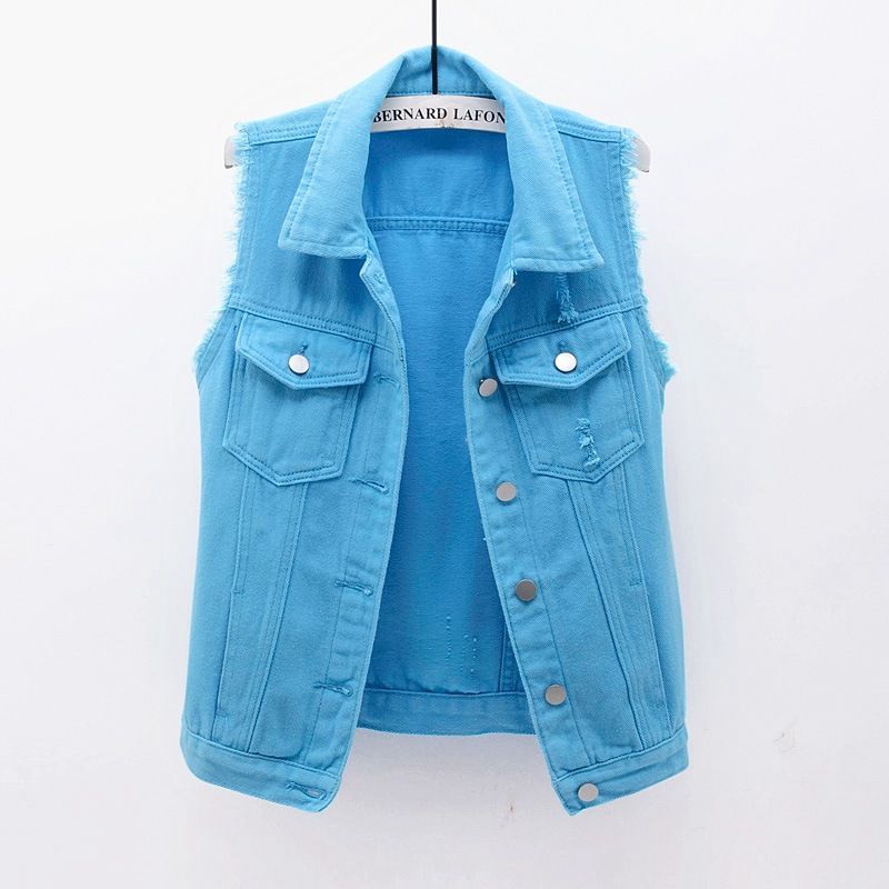 Ropa de mujer Chaleco vaquero multicolor Chaqueta corta ajustada sin mangas para mujer Cárdigan superior roto_voghion.com
