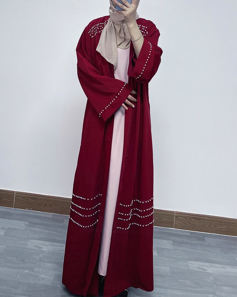 Elegant Dubai Pearl-Embellished Abaya – Long Sleeve Open Front Robe Dress (Black/Burgundy, S-XXL)_voghion.com