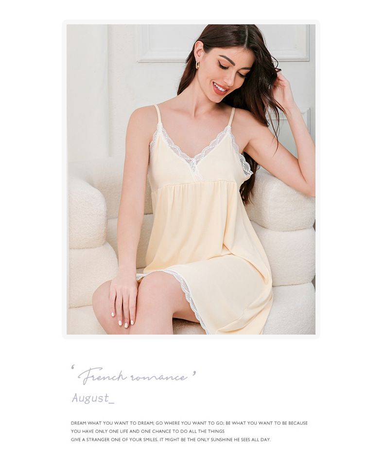 Kadınlar İçin Büyük Beden Seksi Gecelik Ev Giyimi İçin Yivli Pamuklu Patchwork Dantel Giyilebilir Gevşek Askılı Gecelik_voghion.com