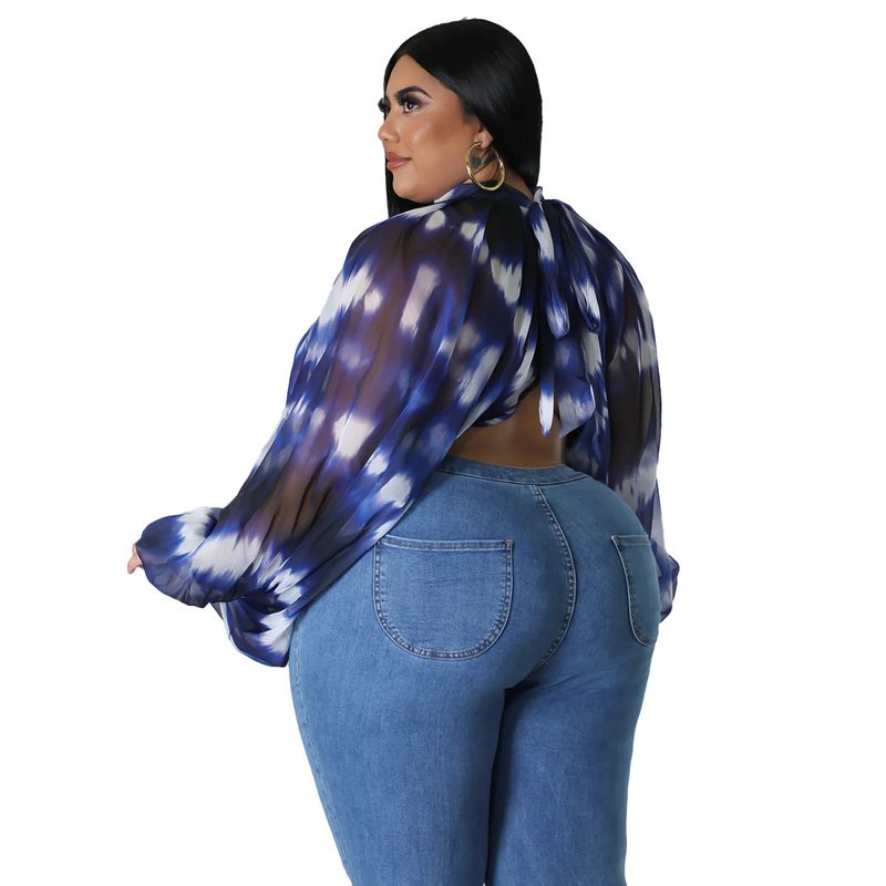 Damen-Oberteil in Übergröße, Übergröße, Damenbekleidung, Rundhalsausschnitt, offener Rücken, Chiffon-Schnüroberteil für Damen_voghion.com