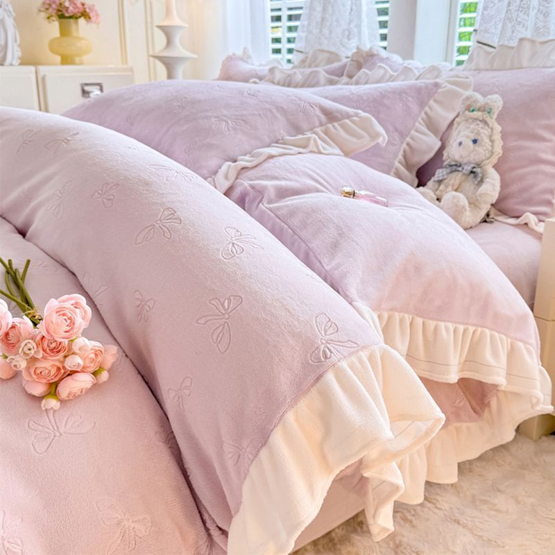Korean Version Milk Four-Piece Fresh Lace Double-Sided Bed Sheet Duvet Cover Three-Piece Set Thickened Coral Velvet_voghion.com