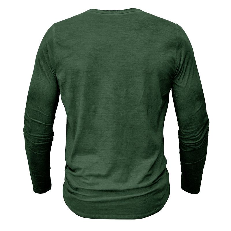 T-shirt da uomo a maniche lunghe slim fit stile retrò, con bottoni del commercio estero, lavata e invecchiata, scollo a V_voghion.com