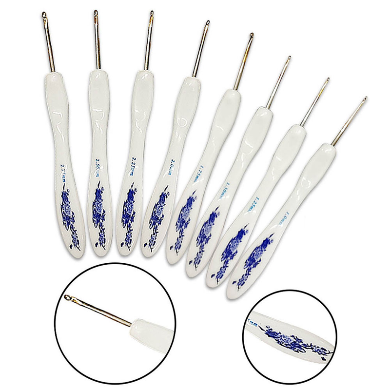 Strickwerkzeug Feine Pullovernadel Kleiner gebogener Griff Blaues und weißes Porzellan Dicke Häkelblisterverpackung_voghion.com
