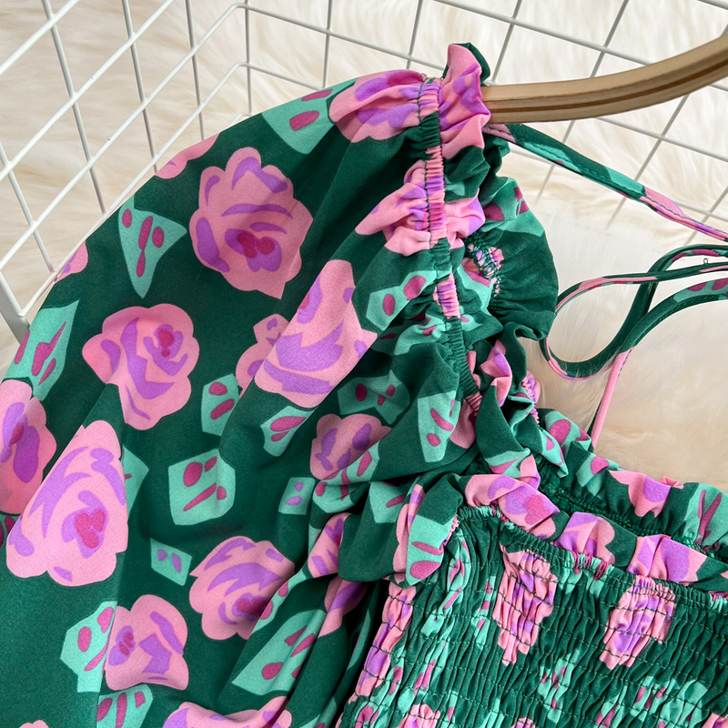 Women's Square Collar, Slim Fit, Short Top, Two-piece Set, High Waist Floral Slit Skirt, Summer_voghion.com