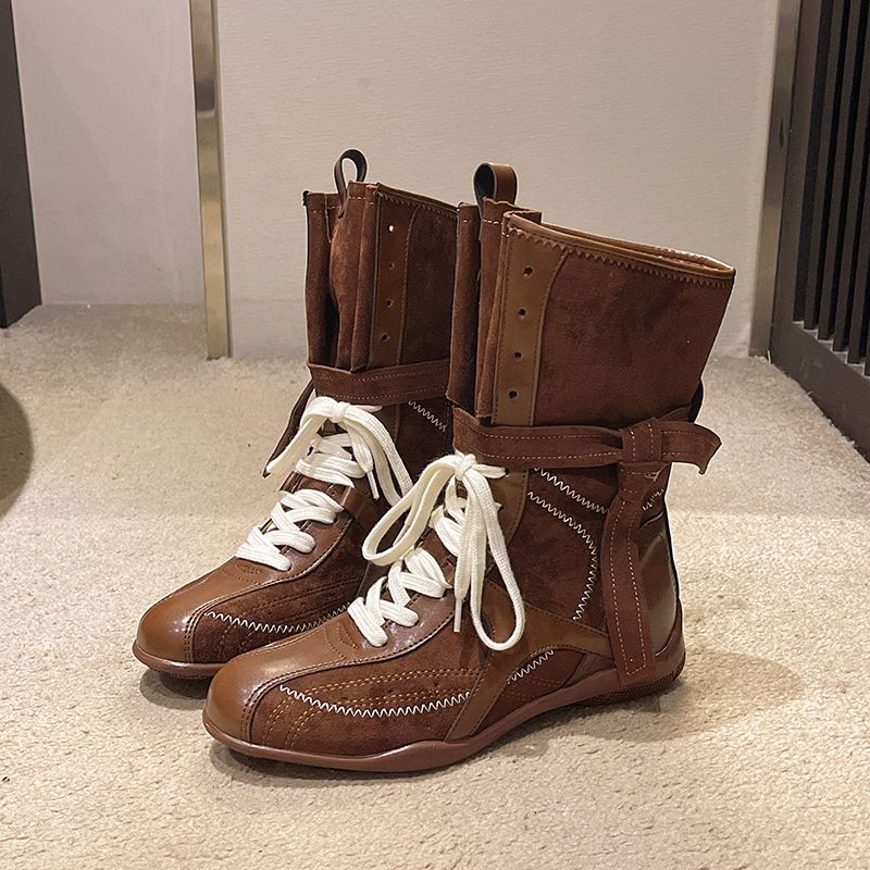Height-Increasing Flat Boxing Women, Western Cowboy Boots, 2025 Spring And Autumn New Style, Suede Lace-Up Martin Boots_voghion.com