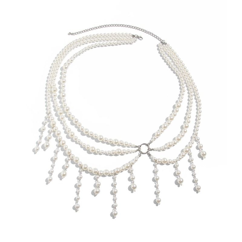 Catena per il petto con perline da bikini da spiaggia, catena per il corpo con frange di perle multistrato_voghion.com