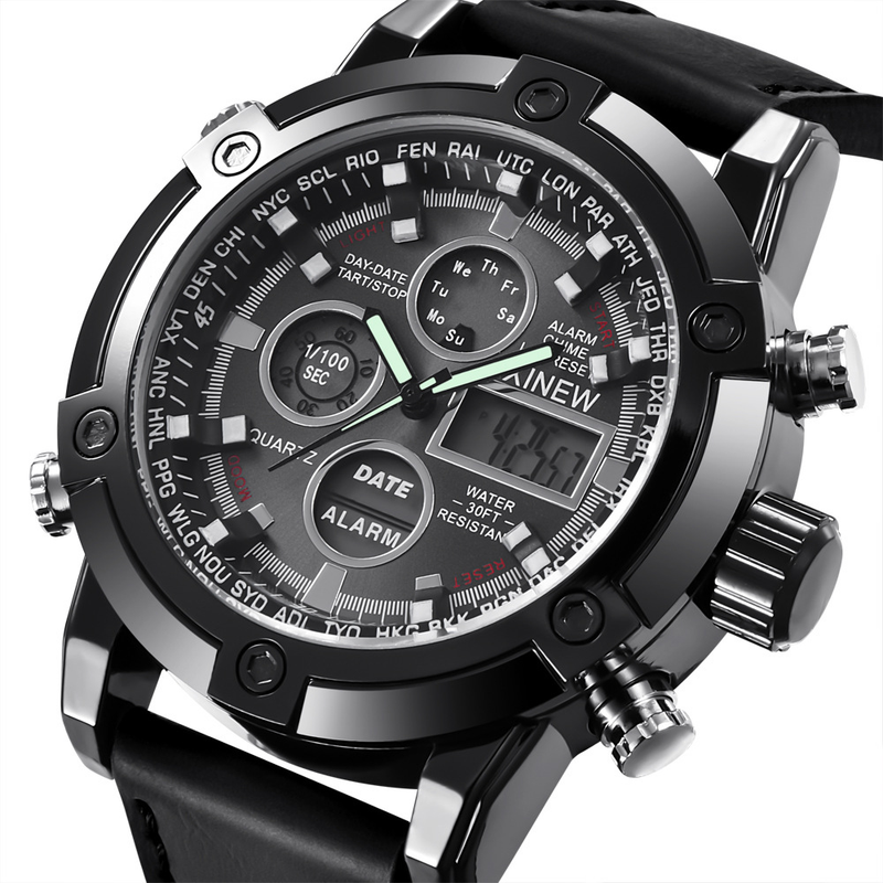 Men's Sport Watch With Analog-Digital Display, GMT Function, Date & Week Indicator, Luminous Hands, PU Leather Strap, Alloy Case_voghion.com