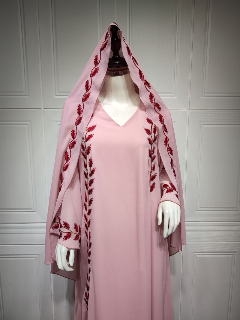 Damenmode Street Chiffon langes muslimisches besticktes rosafarbenes Rundhalskleid mit Hijab_voghion.com