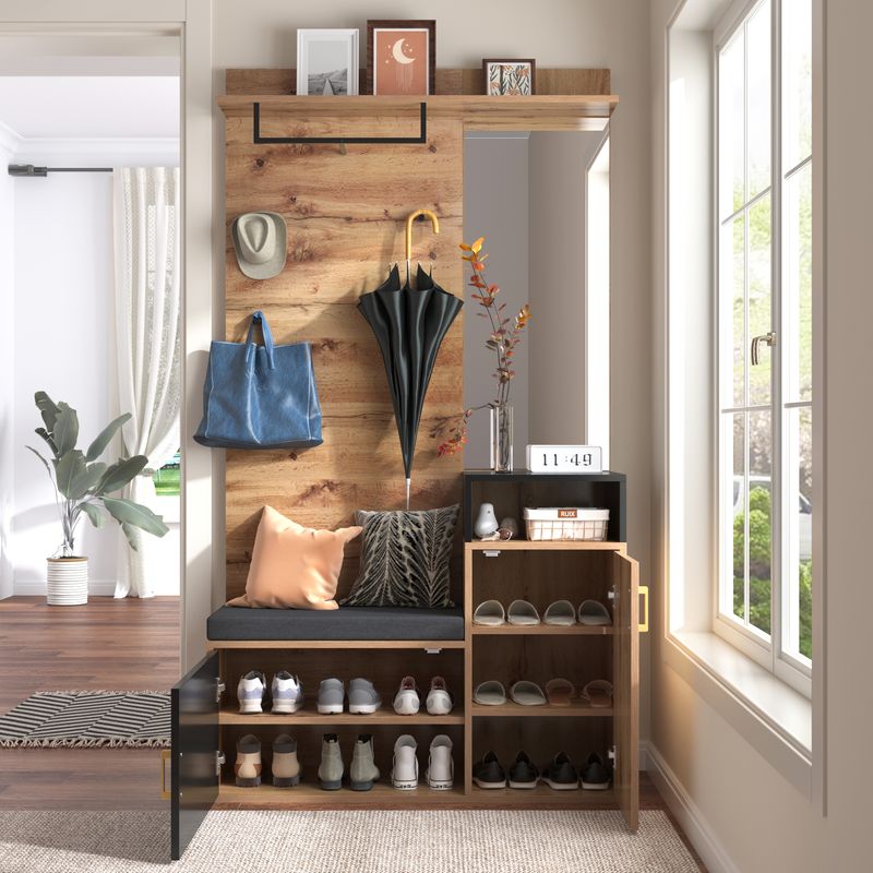 Ensemble garde-robe avec 4 patères, miroir, meuble à chaussures, meuble d'entrée mural avec étagère de rangement supérieure et banquette d'entrée – Installation murale avec perçage nécessaire_voghion.com
