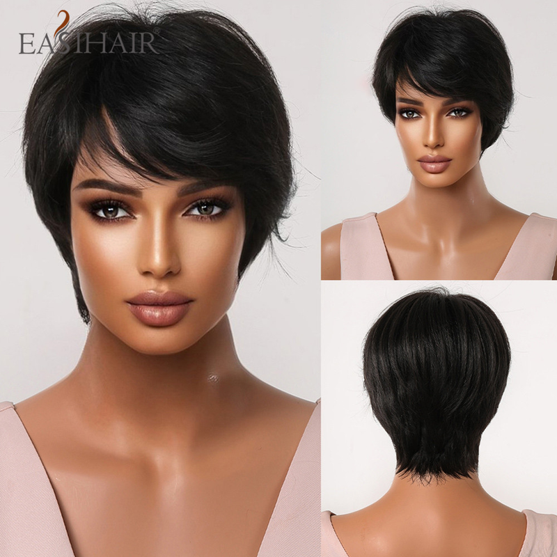 Parrucche sintetiche corte e lisce castane dorate con taglio pixie, frangia, caschetto, a strati, per donne, per feste di cosplay quotidiane, resistenti al calore_voghion.com