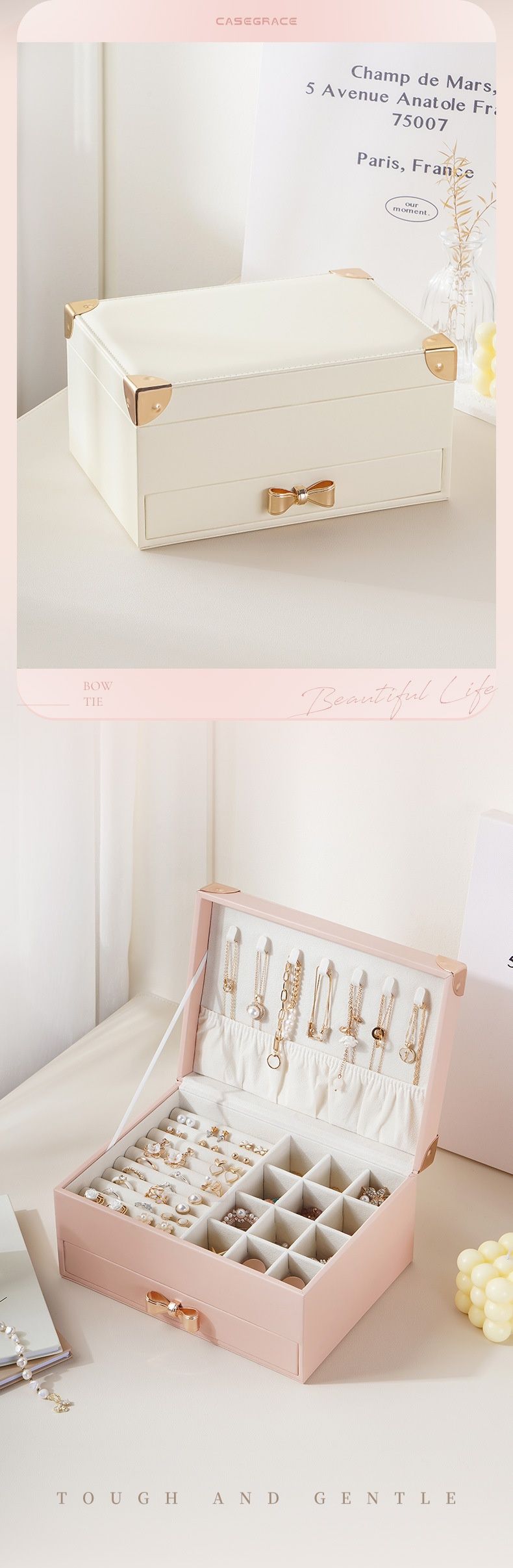 Cajón de almacenamiento de cuero PU minimalista de estilo europeo de gran capacidad, caja de lazo, caja de joyería para collares y pendientes_voghion.com
