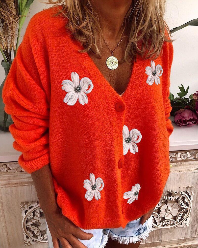 2023 grenzüberschreitender Außenhandel Frühling und Herbst Neuer europäischer und amerikanischer Damen-Langarm-Cardigan mit besticktem V-Ausschnitt-Strickpullover für_voghion.com